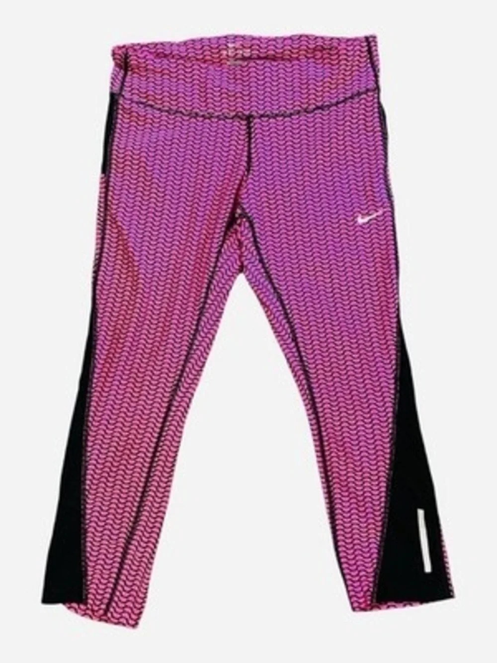 Nike Dri Fit Womens M Pink Black Print Cropped Running Leggings Zip Pocket VG